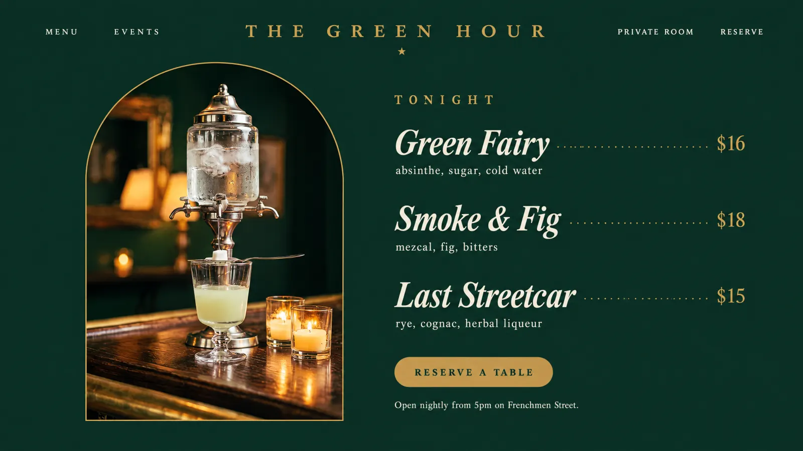 The Green Hour, cocktail and absinthe bar in New Orleans, LA: its showcase site.