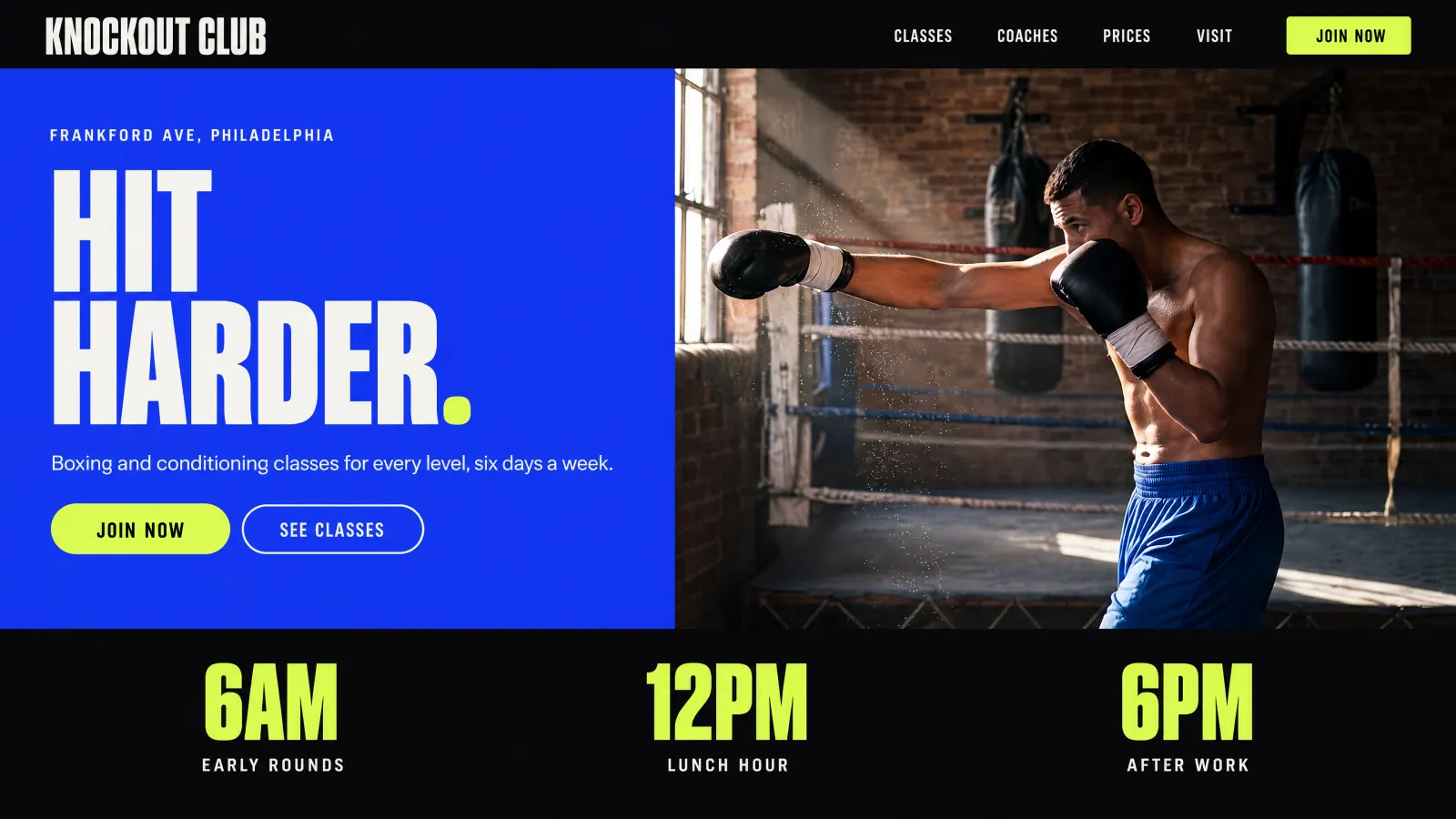 Knockout Club's new website, built by Skip the Pitch: a bold blue and lime hero reading Hit harder.