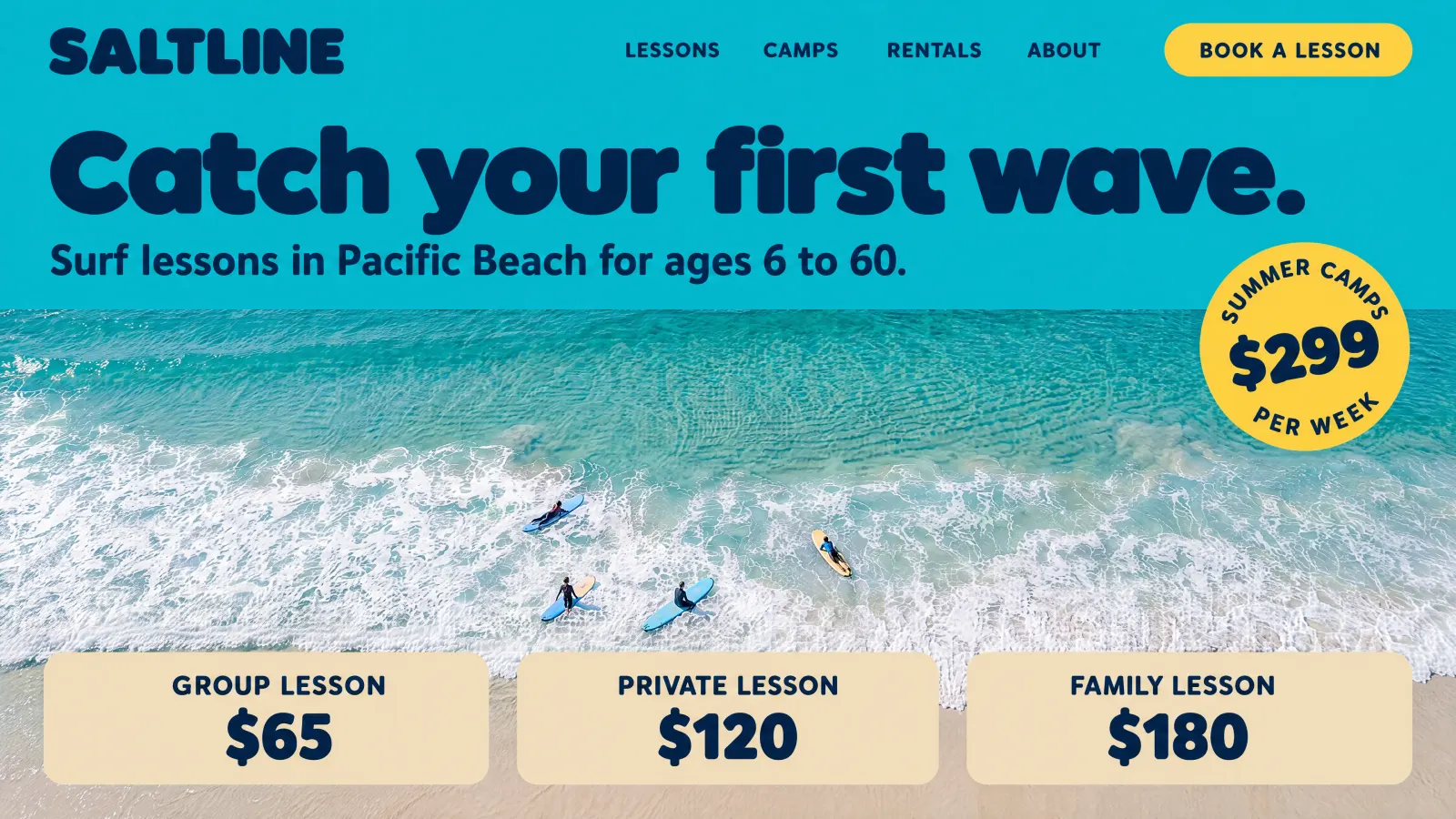 Saltline Surf School, surf school in San Diego, CA: its showcase site.